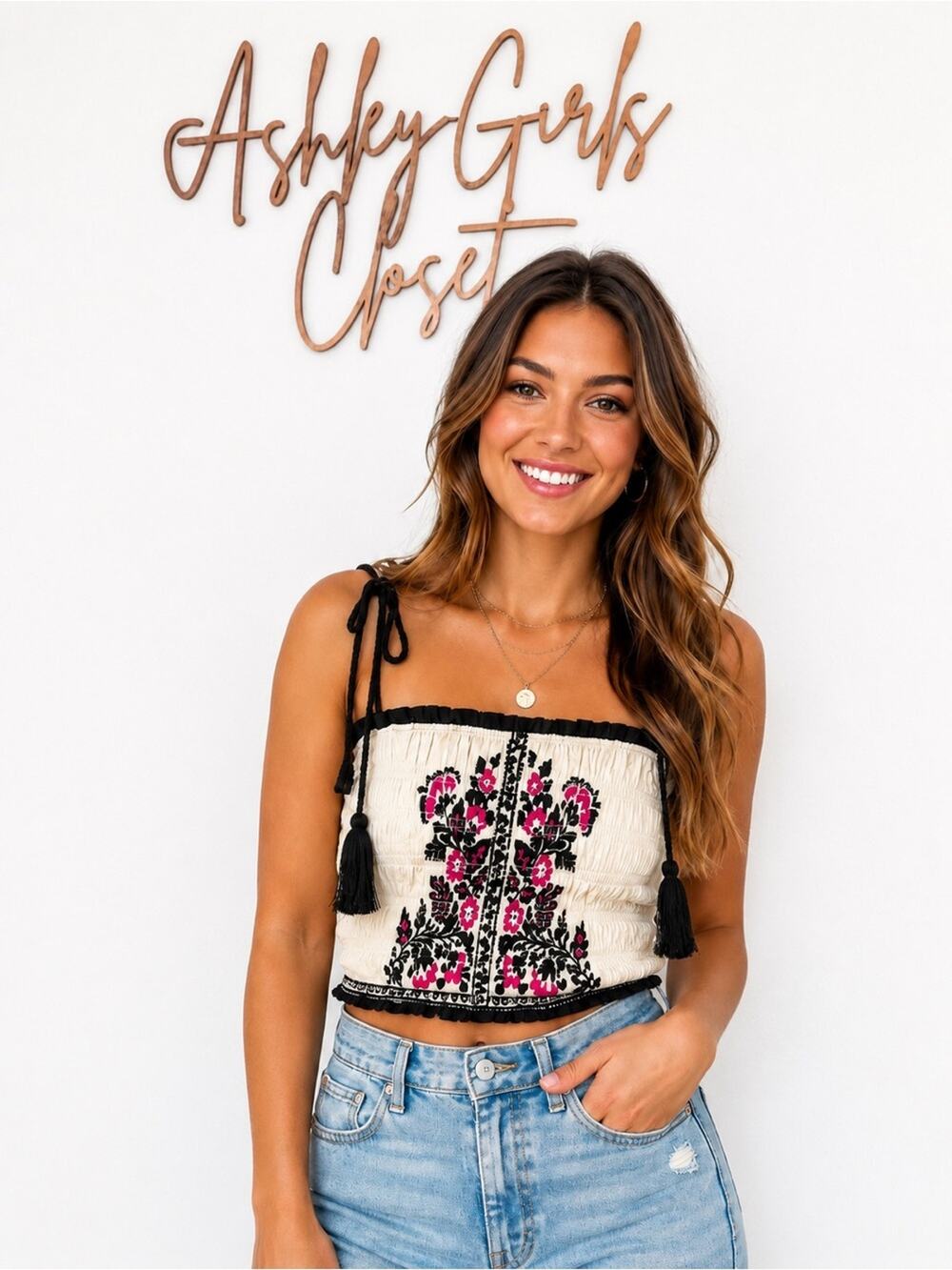 Blue Rain Smocked Floral Embroidered Crop Top Size Large